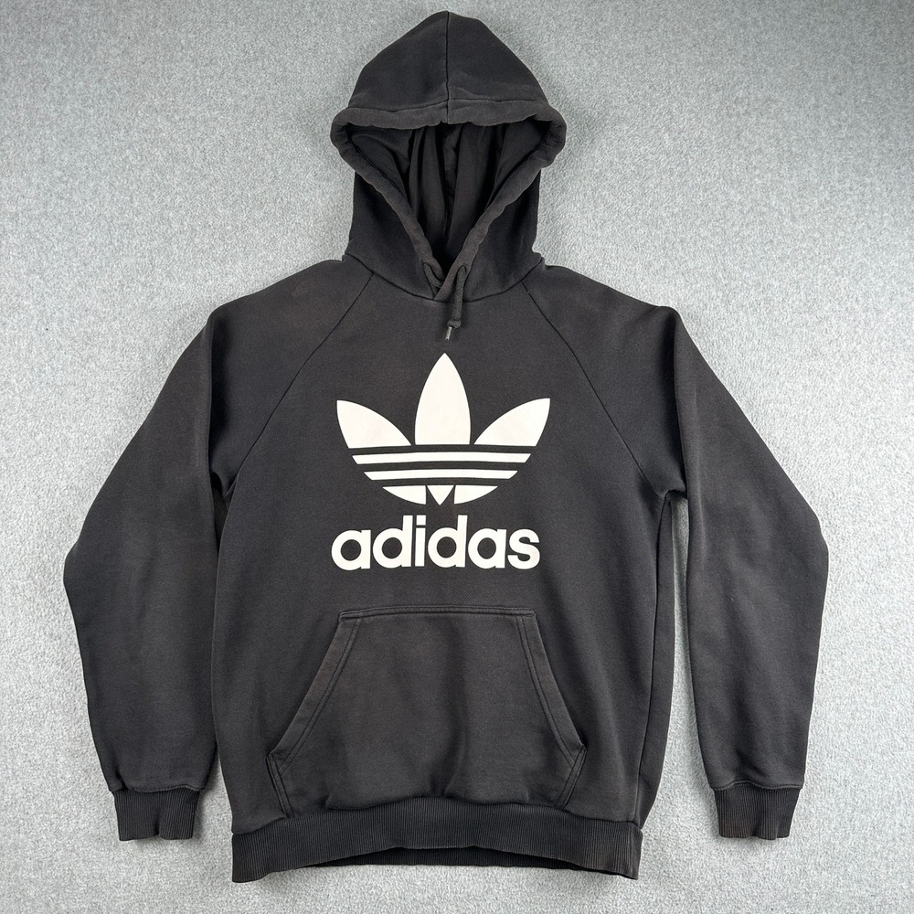 Adidas Hoodie Mens Medium Black Trefoil Logo Pullover Sweatshirt Raglan Sleeve